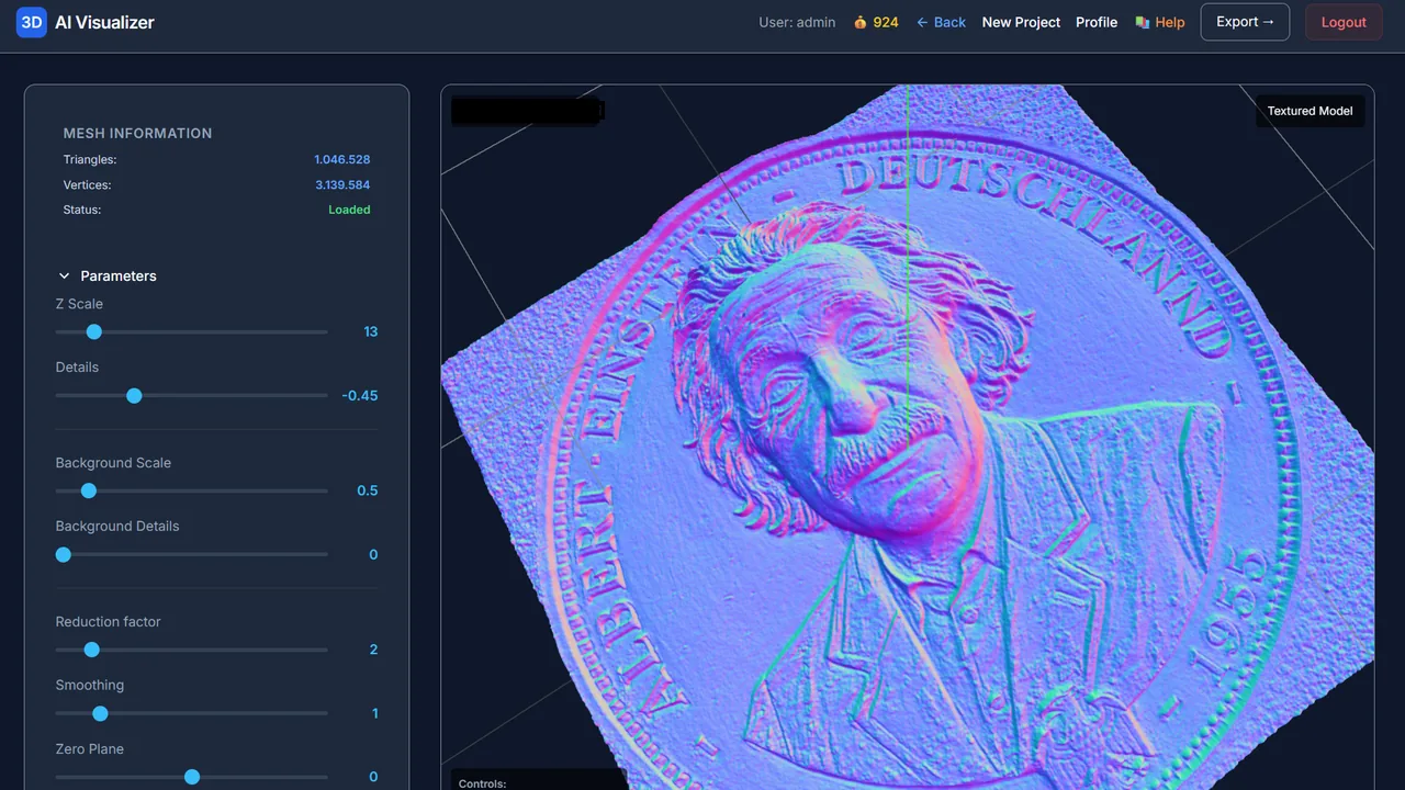 i3D Model Editor: coin portrait converted to a 3D relief