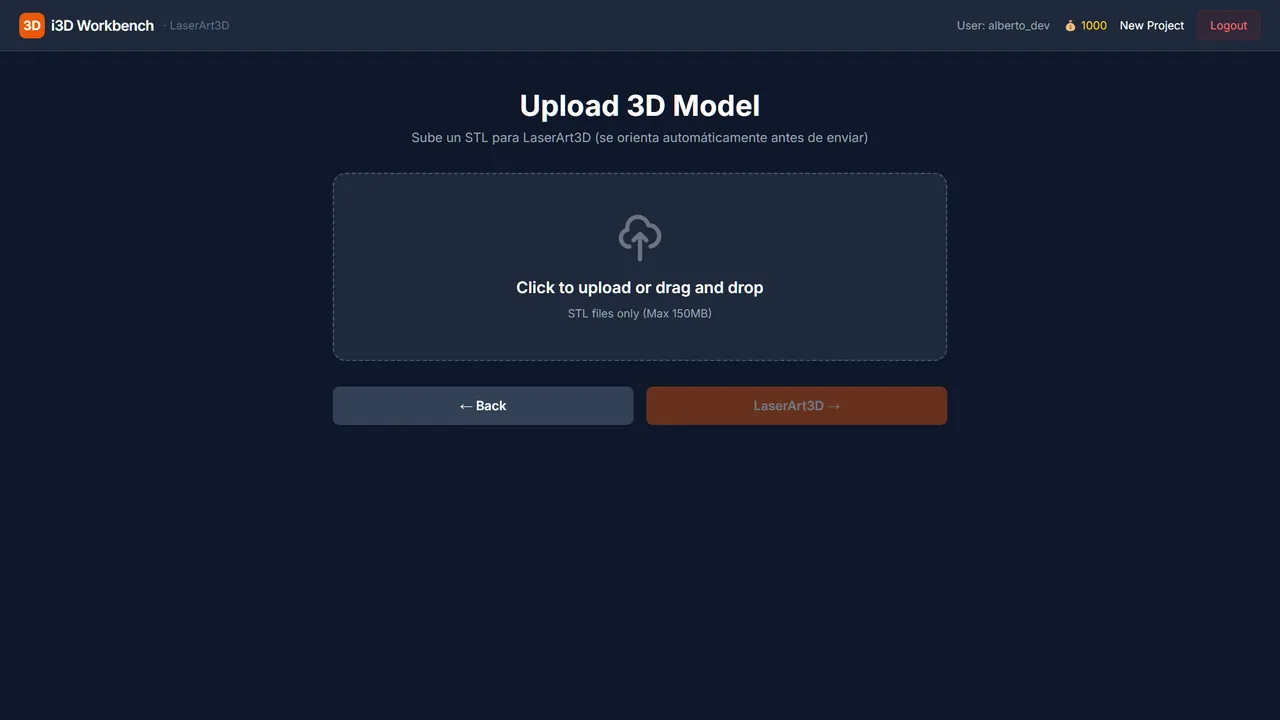 LaserArt3D — STL upload page.
