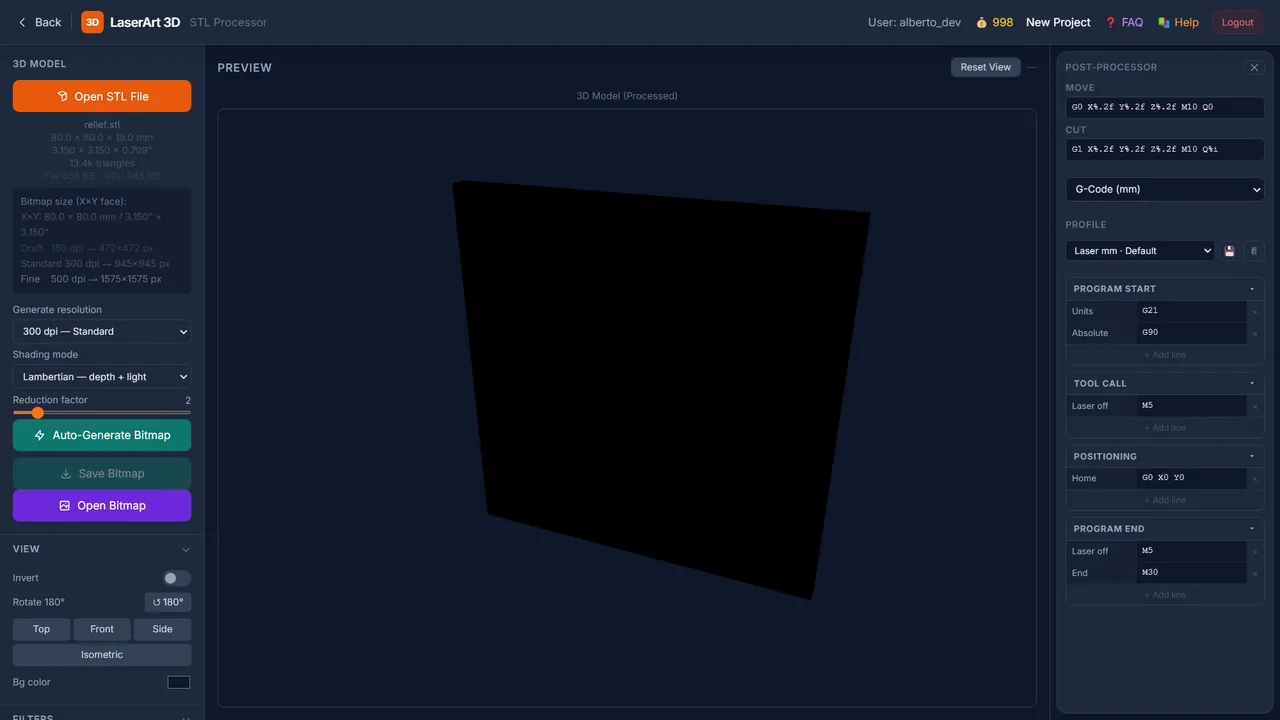 LaserArt3D — 3D source, shading mode, filters and adjustments.