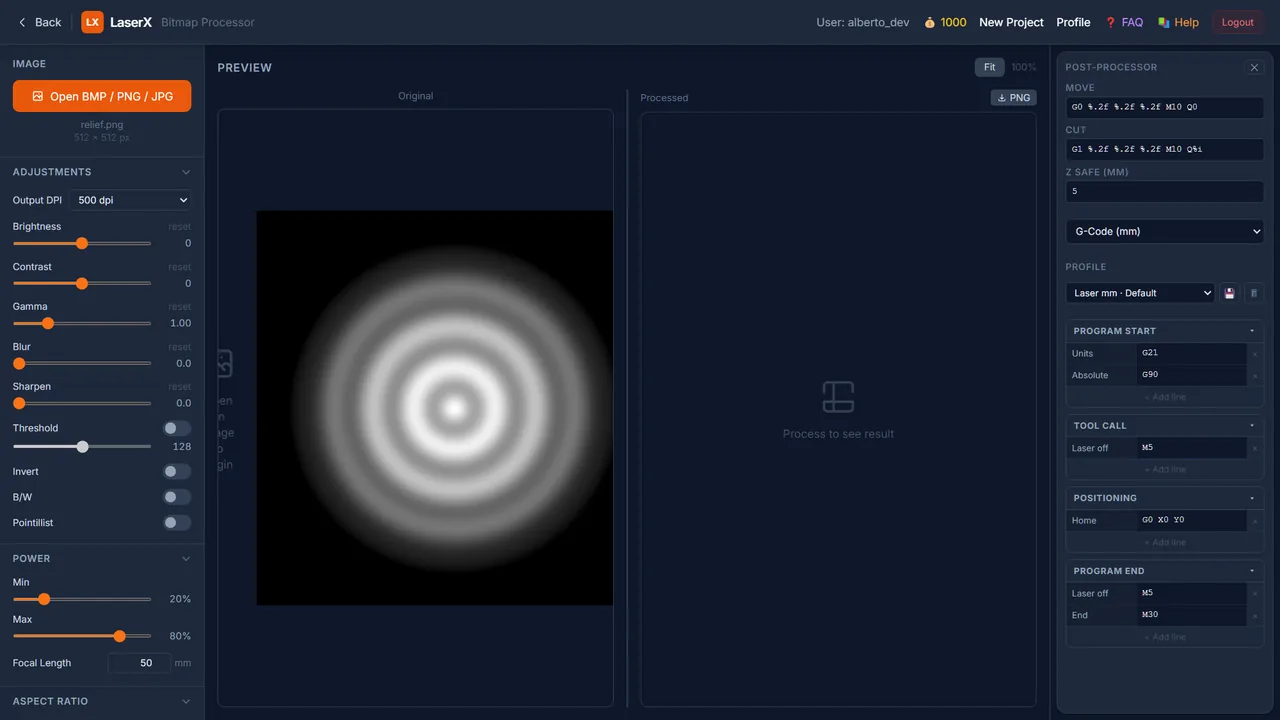 LaserX — Adjustments, Power, original vs. processed preview and post-processor panel.