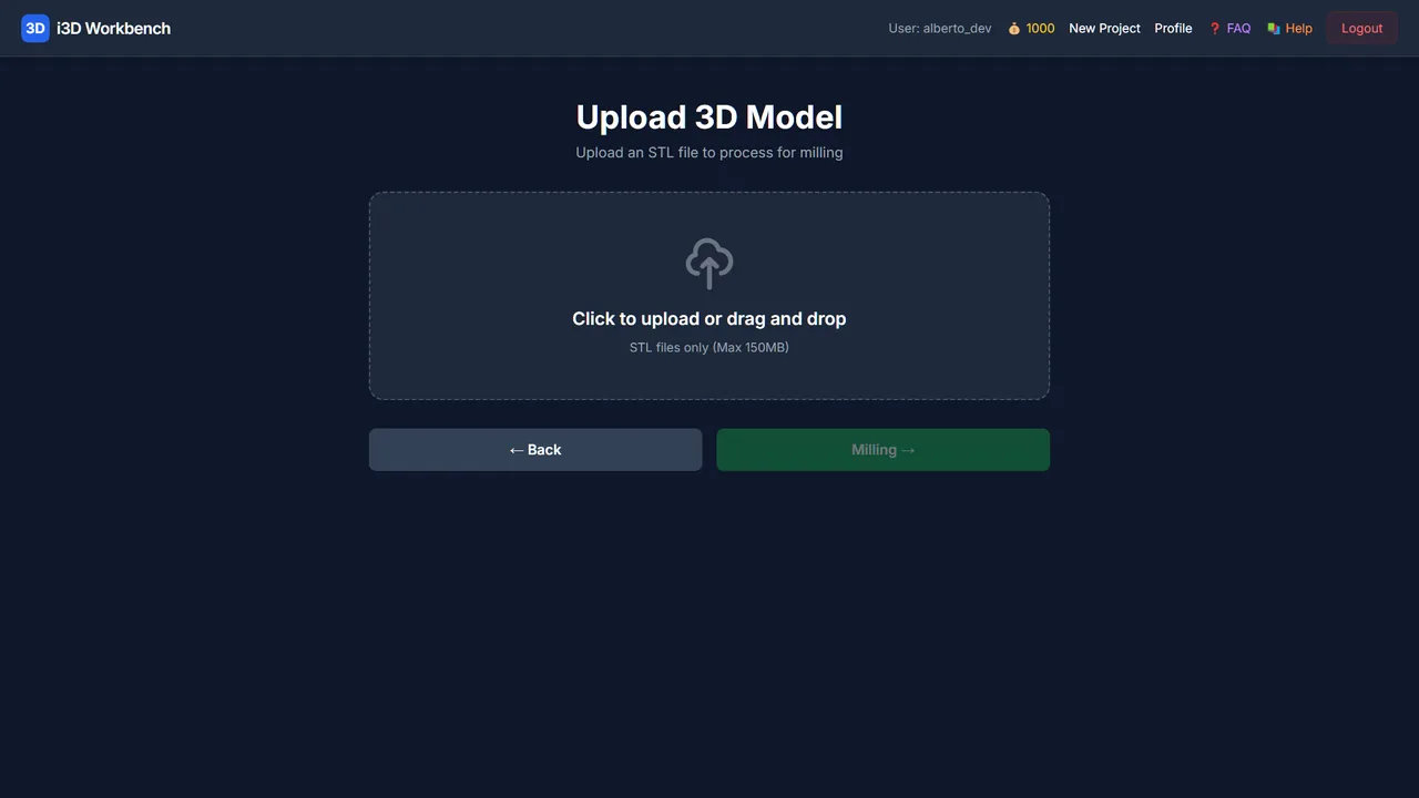 MillX — STL upload page.