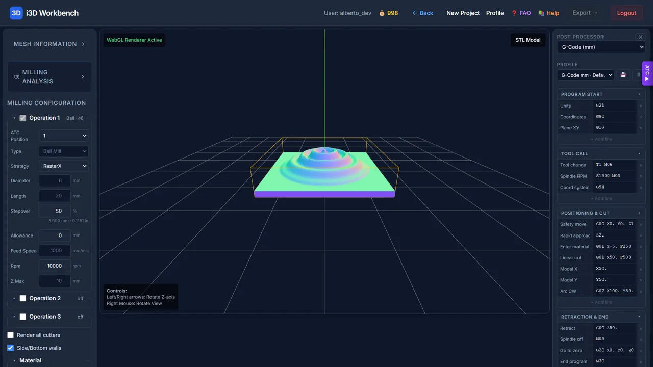 MillX — Operations, Material, post-processor and the model inside the stock wireframe.