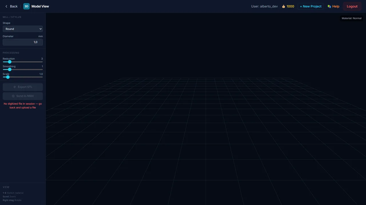 Model View — object size, stylus, processing sliders and export.