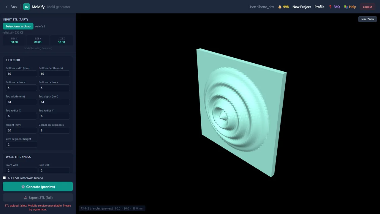 Moldify — input part, Exterior and Wall thickness groups, preview viewport.