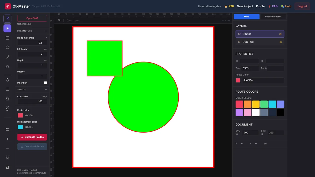 OtkMaster — SVG contours with computed routes (red) and displacements (cyan).