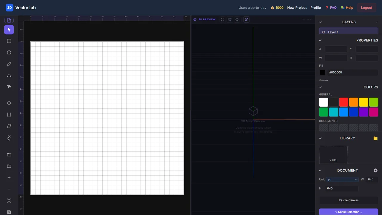VectorLab — toolbar, canvas, layers and properties panels.